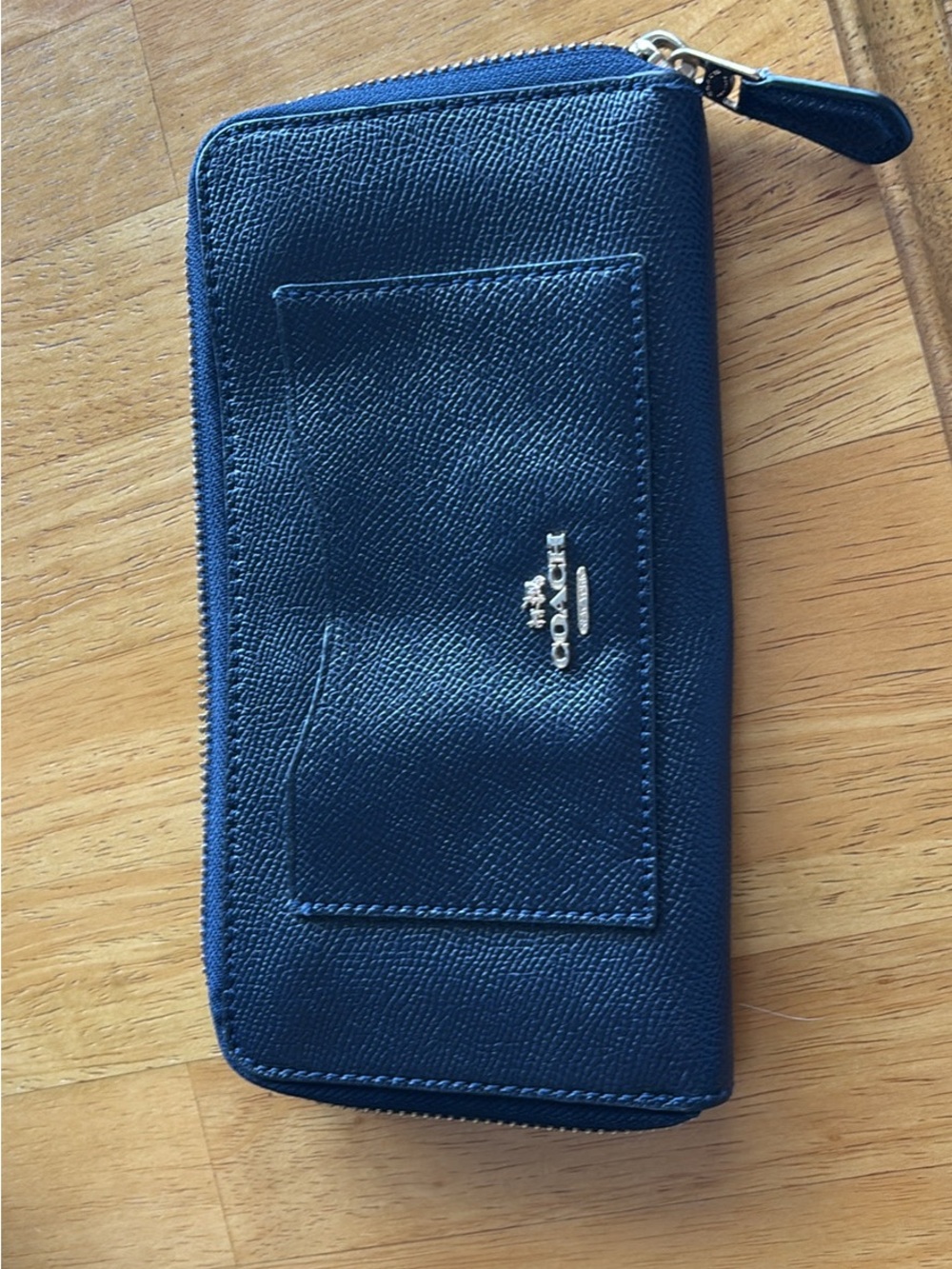 Coach Navy Leather Zip Wallet with Exterior Card Pocket and Gold Hardware